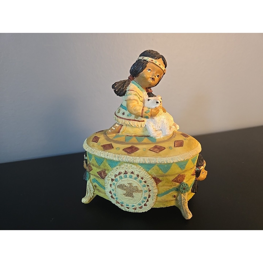 Vtg Ames Hand Painted Cold Cast Native American Trinket Box Collectibles 4-1/2"
